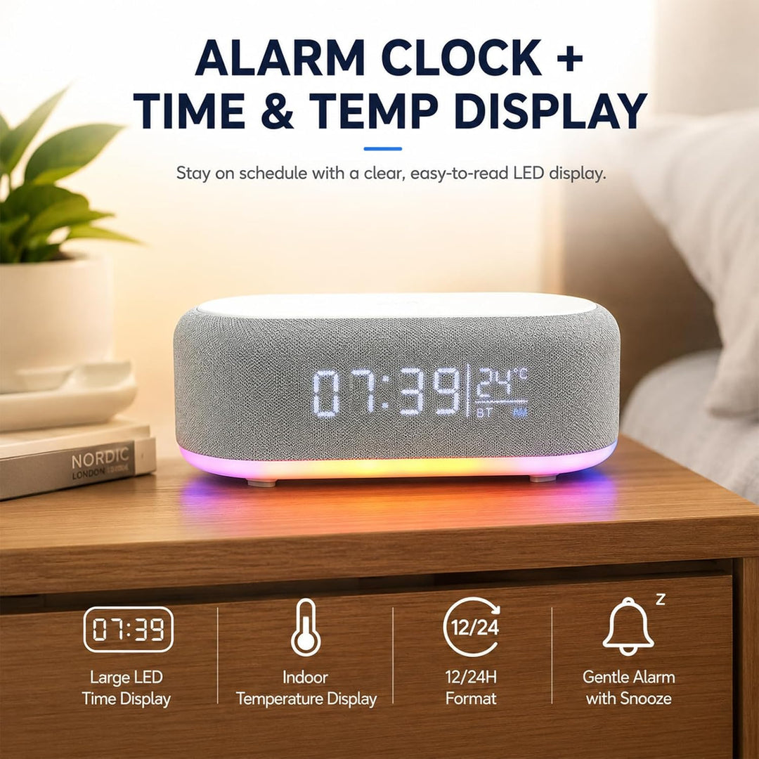BYZESTY Radiowecker mit kabellosem Laden 15 W, Digitaler Radiowecker, Bluetooth, 6 in 1, mit Nachtli