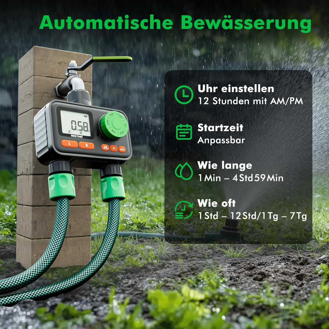 RESTMO RF-Fernbedienbarer Bewässerungscomputer, Wasserzeitschaltuhr für Aussenwasserhahn, automatisc