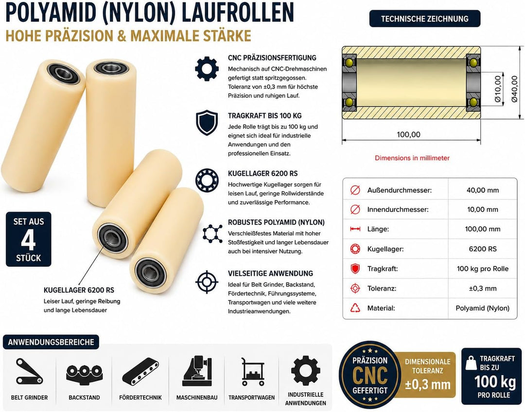Nylon-Rollen 40-100-10, aus Polyamid, 40 mm Durchmesser, 100 mm breit, 10-mm-Lager, präzise gefertig