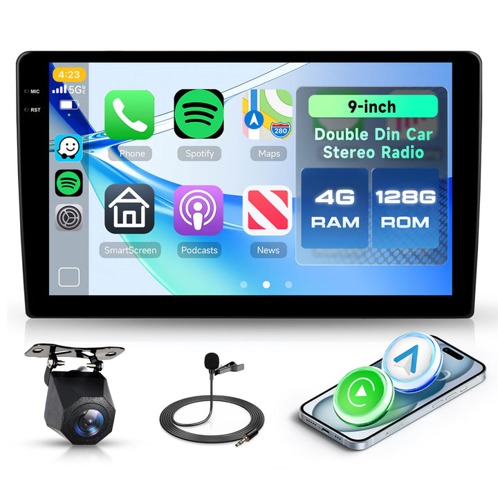 4G+128G Rimoody Autoradio Android 2 Din Carplay, 9 Zoll In-Cell-Touchscreen 2 Din Autoradio mit Wire