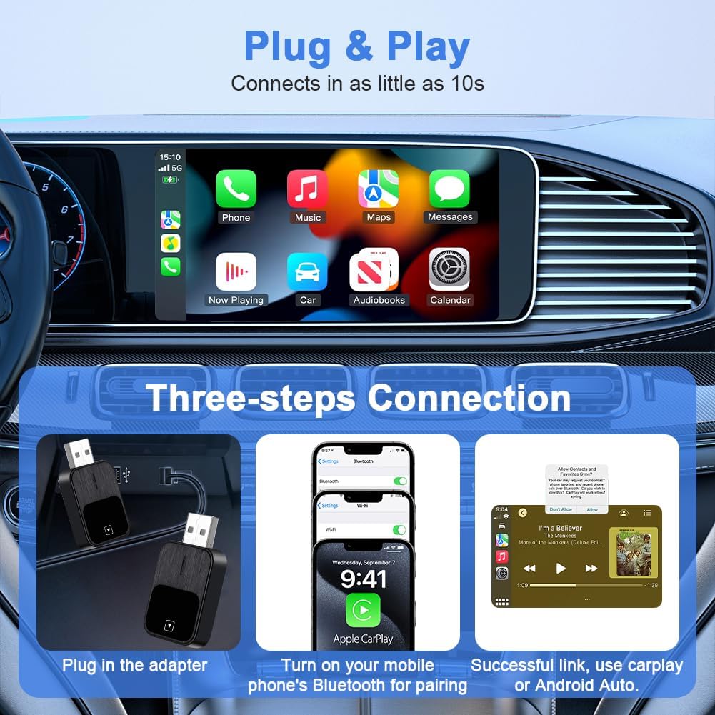 Flintronic CarPlay Adapter Kabellos CarPlay Dongle mit USB und USB-C Verlängerungskabel, kompatibel
