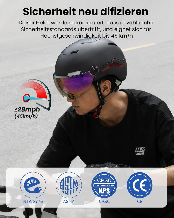 ILM Fahrradhelm Herren Damen mit Visier und LED Licht Beleuchtung Automatischem G-Sensor für Blinker