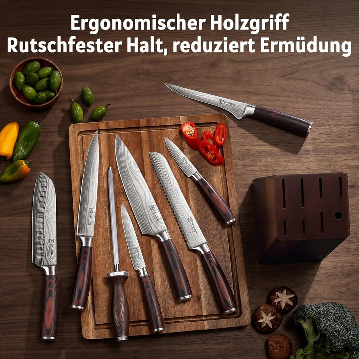 Paudin Messerblock Set mit 9-TLG, Scharfes Hochwertiges Küchenmesser Set aus Edelstahl, Messerblock