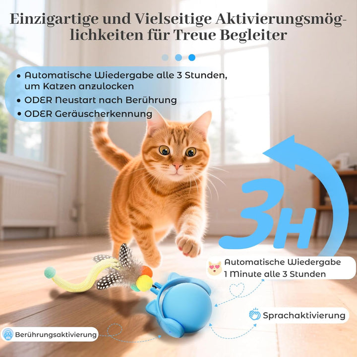 GoldenSun Katzenspielzeug, Elektrischer Rollball mit Federschwanz für Hauskatzen, Bewegungsaktiviert