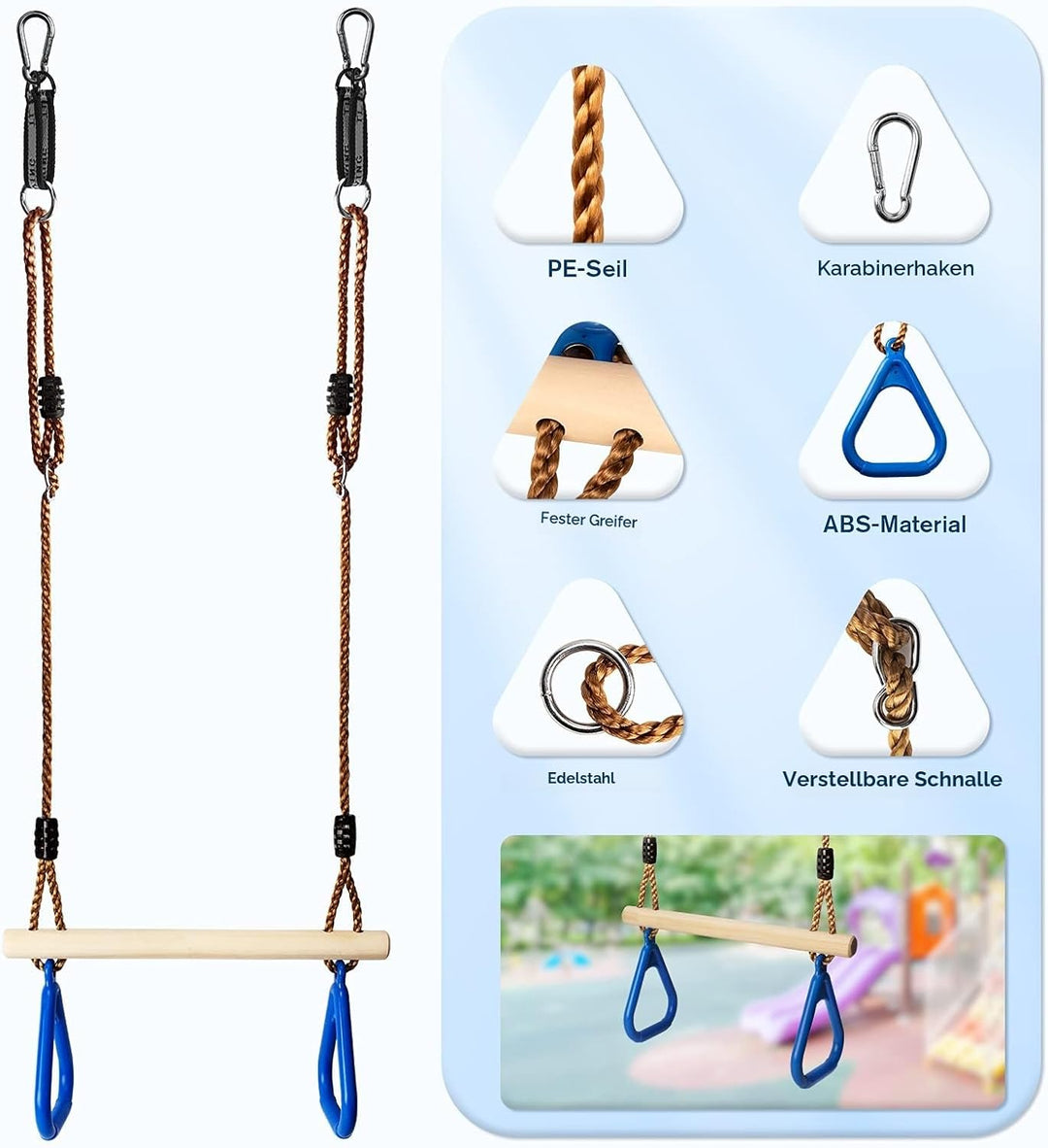 Katomi Multifunktions Kinderholz Trapeze Schaukel mit Kunststoff Turnringe zum Aufhängen belastbar b