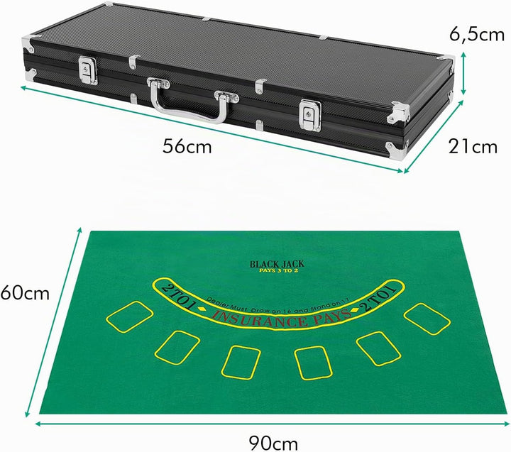 DREAMADE Pokerset mit 500 Laser Pokerchips &amp; Aluminiumkoffer &amp; 2 Kartendecks &amp; 5 Würfel &amp; 3 Dealer B