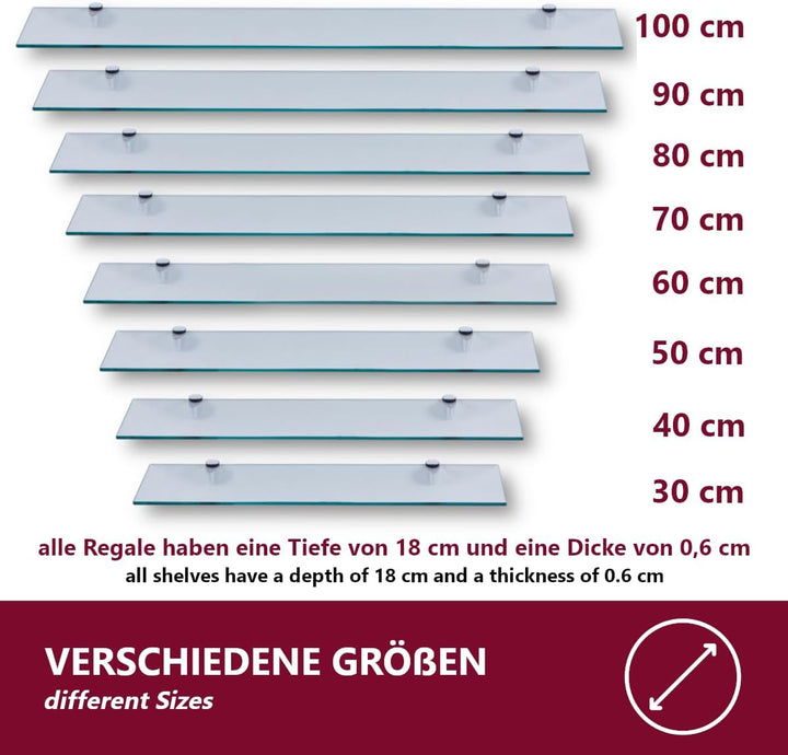 Euro Tische Glas Wandregal 30x18cm Badregal - Glas Regal für Badezimmer in verschiedenen Grössen - D