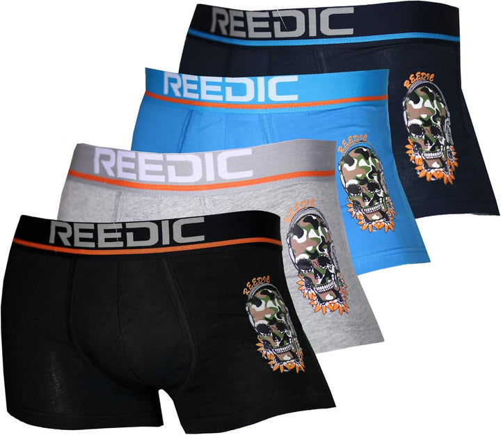 Reedic Herren Boxershorts Baumwolle mit Totenkopf-Motiv im 4er Pack M Je 1x Schwarz, Grau, Dunkelbla