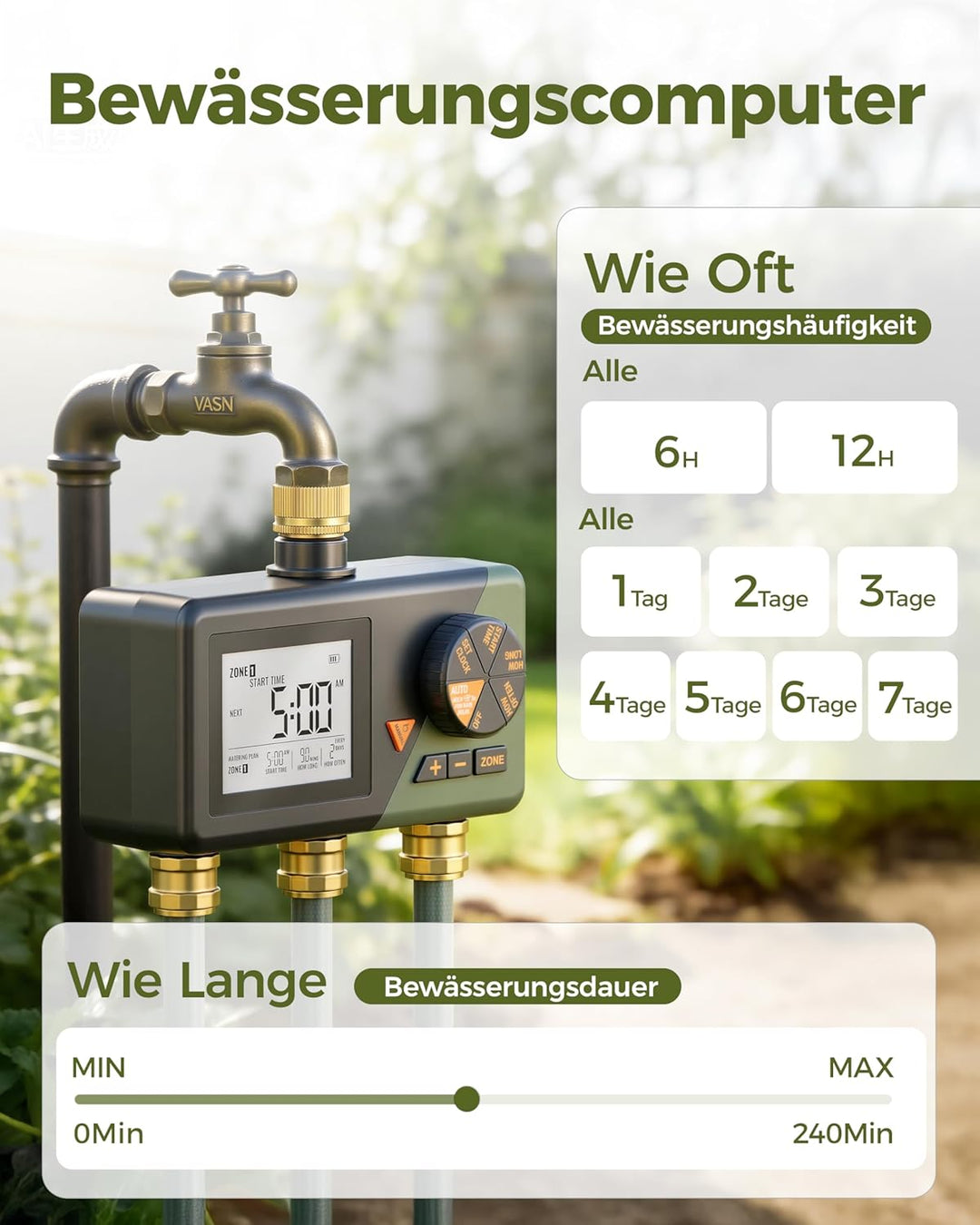 Diivoo Bewässerungscomputer 3 Ausgänge, Garten Bewässerungsuhr mit Wochentage Programmierbar, Automa