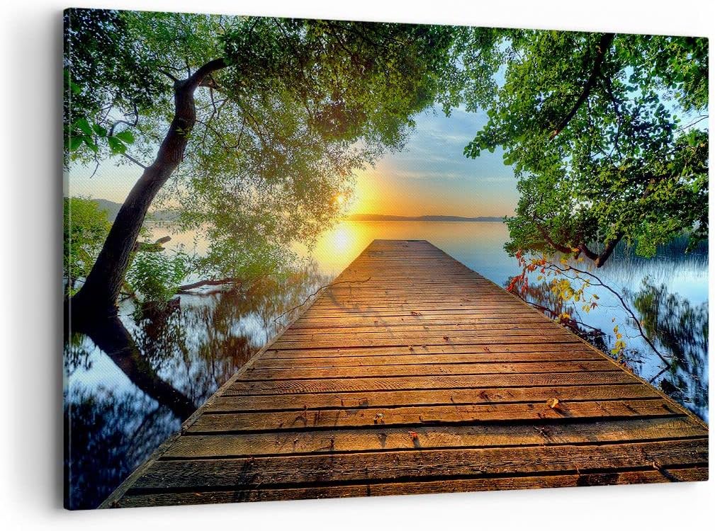 ARTTOR Bilder auf Leinwand 100x70cm Leinwandbild mit Rahmen Brücke See Gross Wanddeko Bild Schlafzim