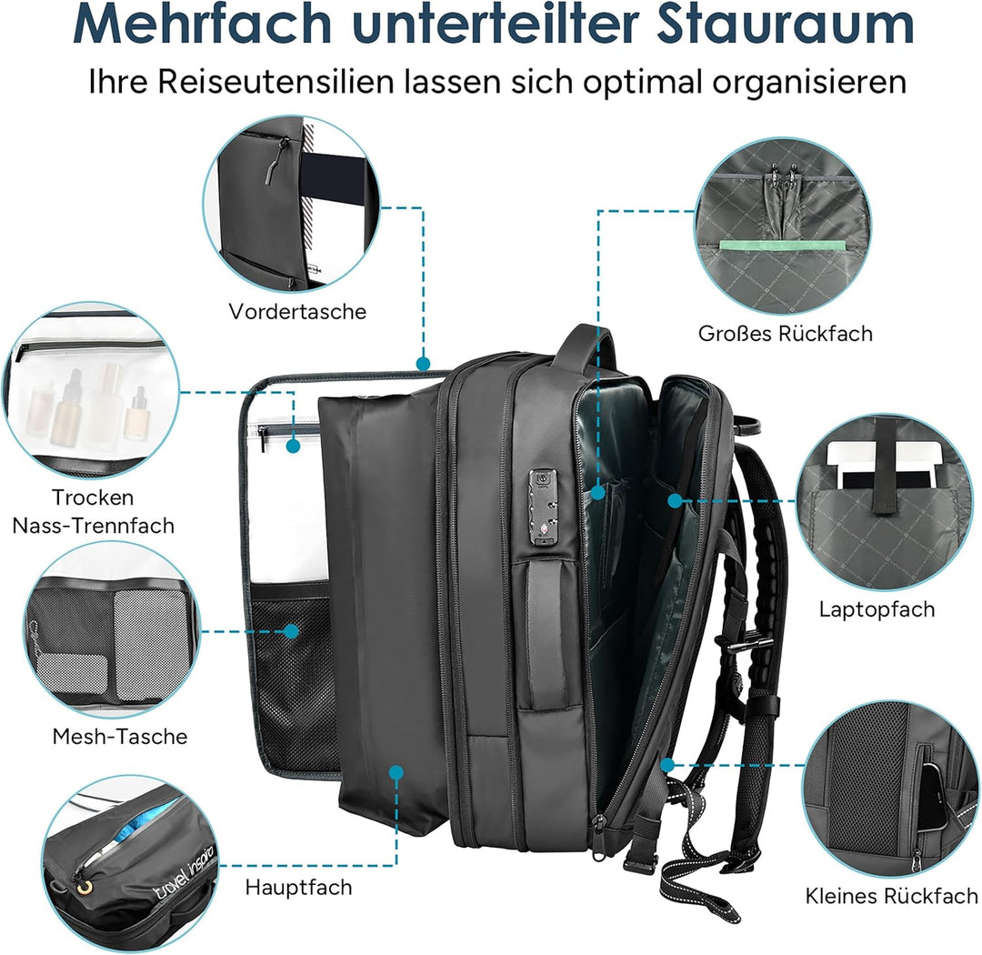 travel inspira Vakuum Rucksack mit TSA-Schloss 65L Rucksack 17.3 Zoll Laptopfach Flugzeug Handgepäck