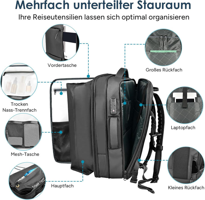 travel inspira Vakuum Rucksack mit TSA-Schloss 65L Rucksack 17.3 Zoll Laptopfach Flugzeug Handgepäck