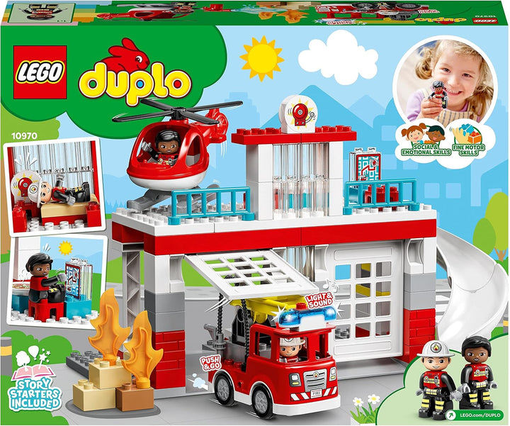 LEGO 10970 DUPLO Feuerwehrwache mit Hubschrauber, Feuerwehr-Spielzeug aus Bausteinen für Kleinkinder