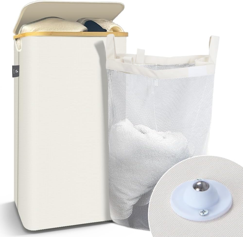 VOUNOT Wäschekorb mit Deckel 100L, Faltbarer Wäschesammler mit Herausnehmbar Wäschesäcke, Laundry Ba