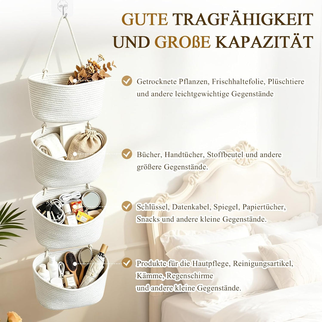 Tür Organizer hängend 4-stöckig, Weiss | Hängekorb aus Baumwollseil, Mit 4 Haken ohne Bohren, 2 vers