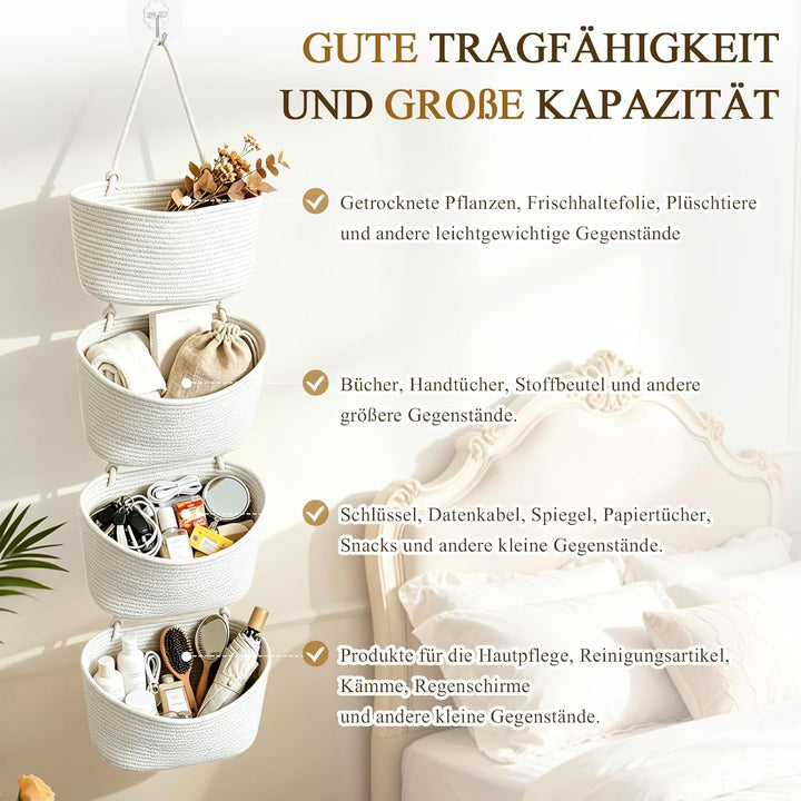 Tür Organizer hängend 4-stöckig, Weiss | Hängekorb aus Baumwollseil, Mit 4 Haken ohne Bohren, 2 vers