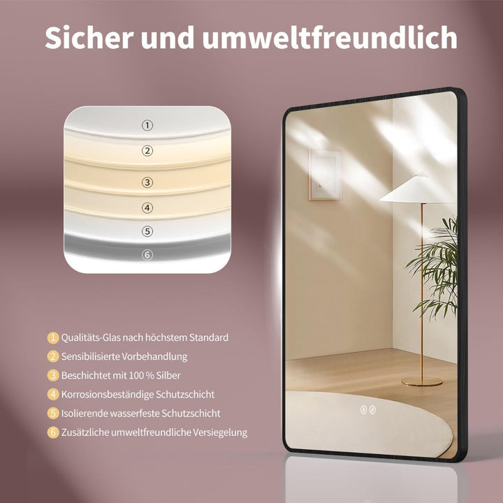 HOKO Antibeschlag LED Badspiegel 50x70 cm / 70x50 cm Kalifornien mit Schwarzer Metallrahmen, HOCH+QU
