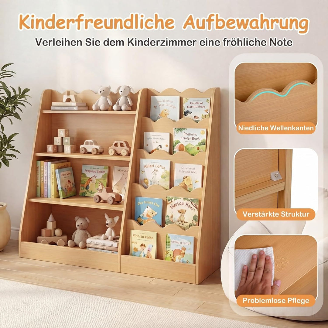 COSTWAY Kinder Bücherregal aus Holz, 5 stufiges Kinderregal mit 4 offenen Ablagen & versteckem Ablag