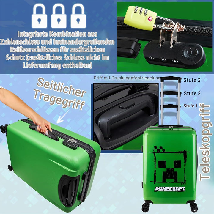 Minecraft Hartschalen Koffer Trolley Kinder Reisekoffer Leicht Reisetrolley 4 Rollen für Mädchen Jun