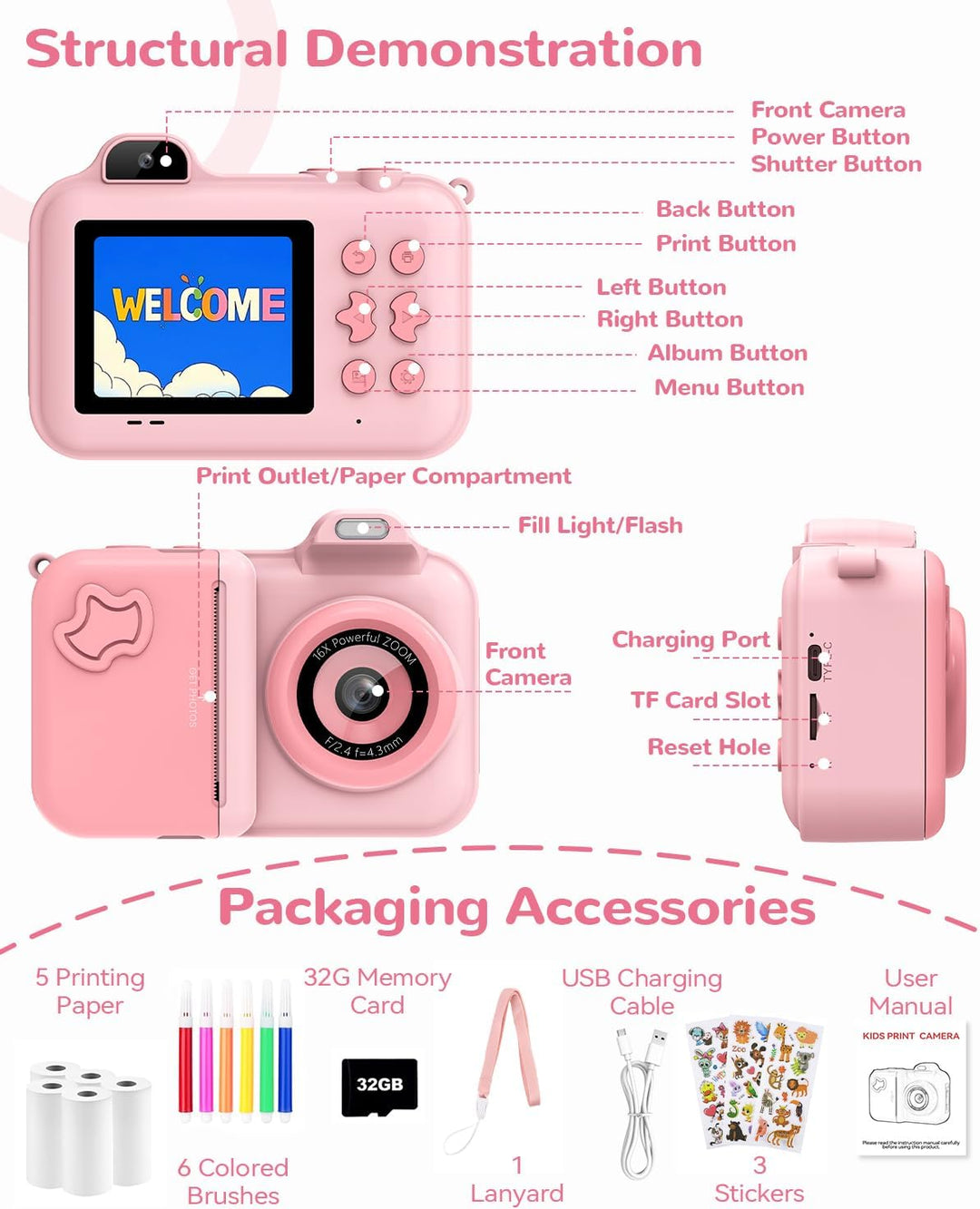 Sofortbildkamera Kinder, 24MP 2.4 Zoll Bildschirm Kinderkamera Sofortbildkamera mit Selfie, 32G Kart