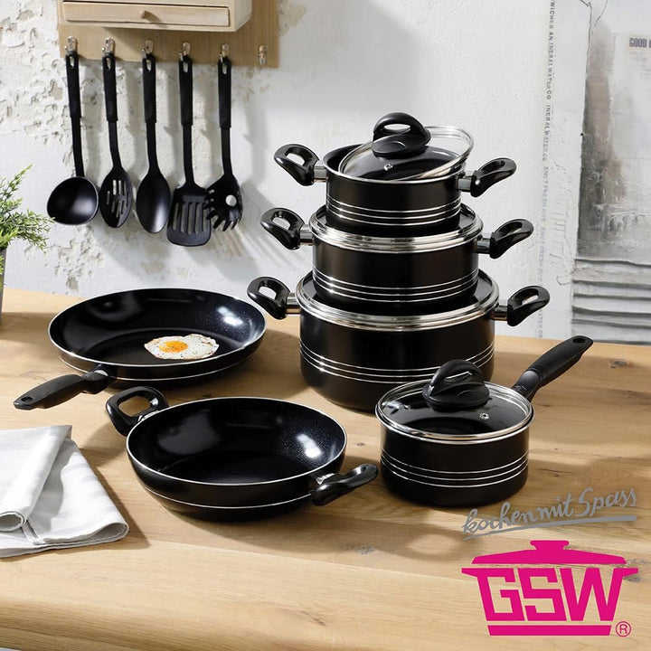GSW Kochtopf Set Milano Nero, 15-teilig, Hochwertiges Topfset für Induktion, Ceran & Gas, Antihaftbe