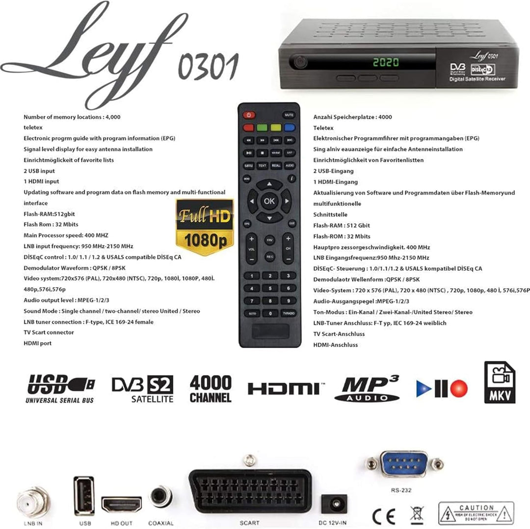 Leyf Satellite Receiver PVR Recording Function Digital Satellite Receiver (HDTV, DVB-S/DVB-S2, HDMI,