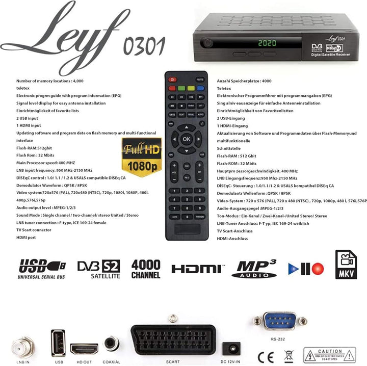 Leyf Satellite Receiver PVR Recording Function Digital Satellite Receiver (HDTV, DVB-S/DVB-S2, HDMI,