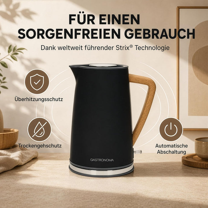Gastronoma Wasserkocher Edelstahl 1,7 L - Kettle mit Kalkfilter - Schwarz | 2200 W - 360° Pirouetteb