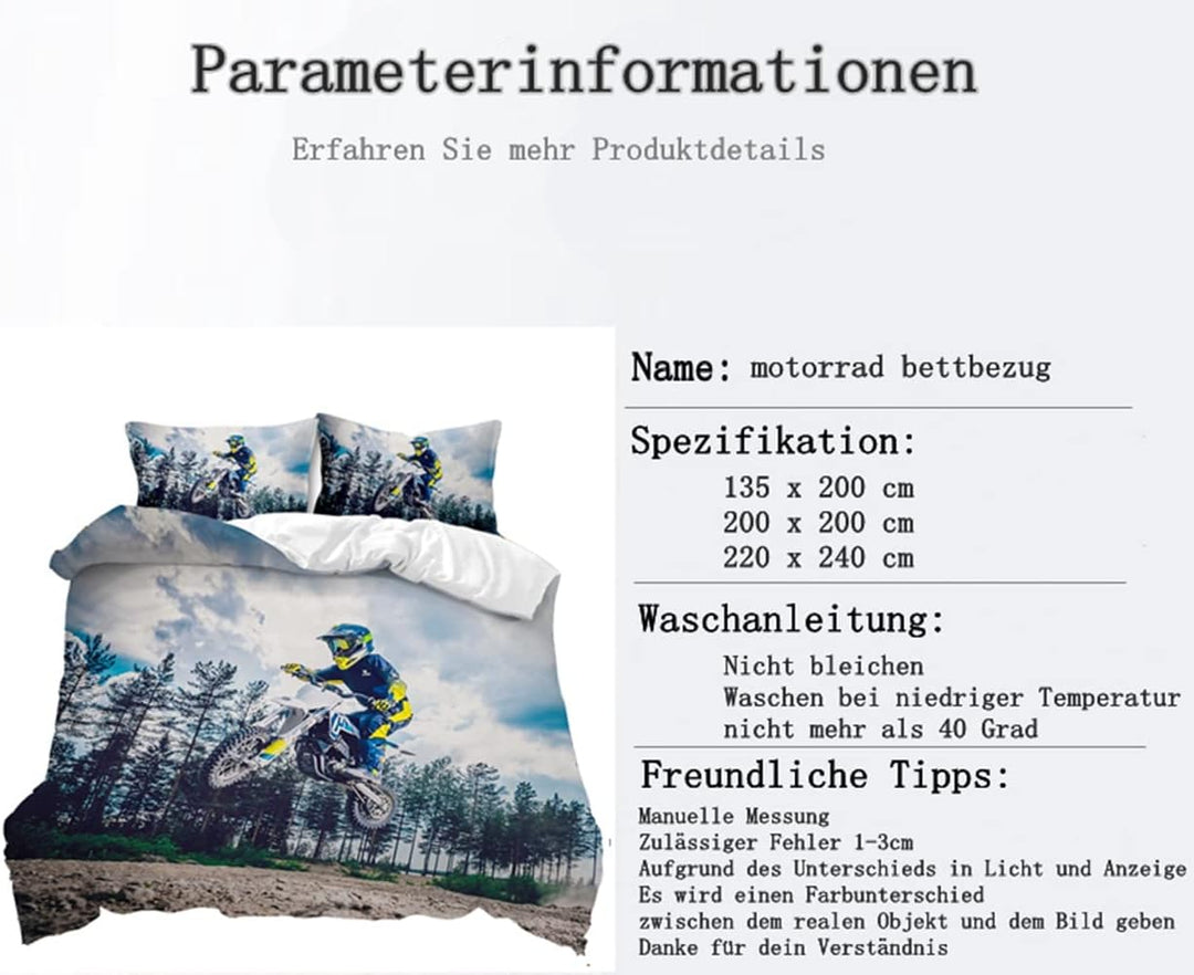 AOXHFNV 3D Motorrad-Bettbezug Motocross-Bettwäsche-Set Motorrad-Rennbettbezug mit Kissenbezug für Te