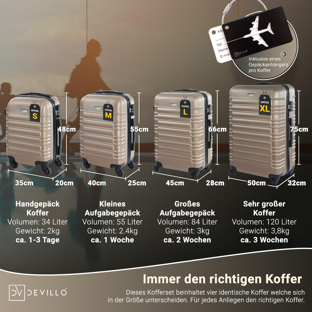 Devillo® Hartschalenkofferset Kofferset 4tlg. S-M-L-XL, Champagner - Hard Shell Trolley Koffer Reise