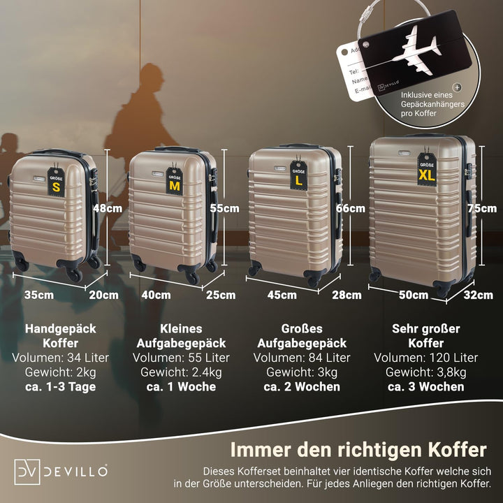 Devillo® Hartschalenkofferset Kofferset 4tlg. S-M-L-XL, Champagner - Hard Shell Trolley Koffer Reise