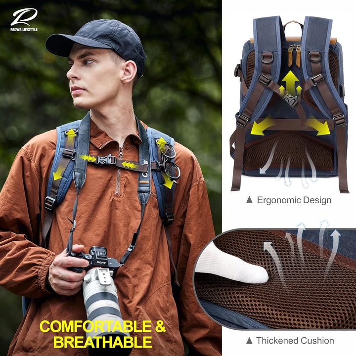 Padwa Lifestyle Blau Kamerarucksack - wetterfeste Kameratasche aus gewachstem Memory Canvas mit 16“