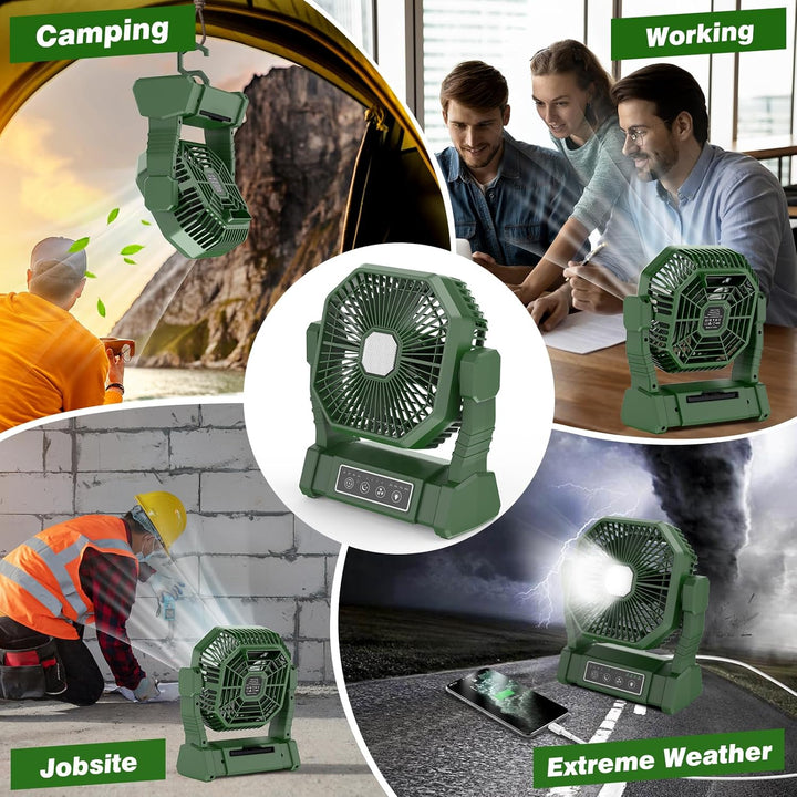 Camping Ventilator mit LED-Licht, Wiederaufladbarer Camping Fan mit Haken & Fernbedienung, 4 Geschwi