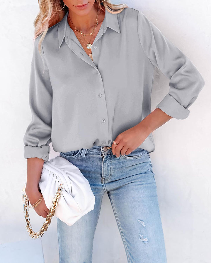 NONSAR Bluse Damen Elegant Lange Ärmel Hemdbluse mit Stehkragen Büroblusen Lässige Oberteile L Grau,