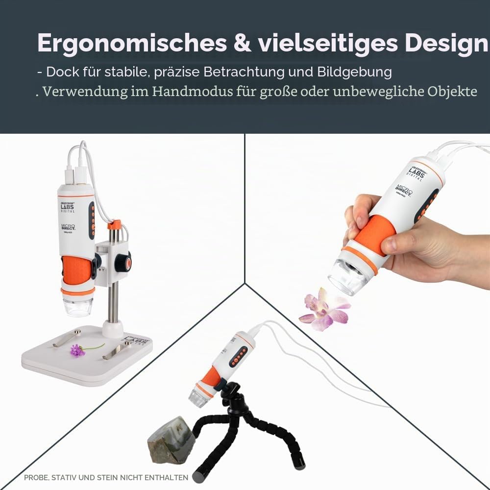 Celestron 44316 MicroDirect 1080P HDMI digitales Hand-Mikroskop, 10- bis 220-fache Vergrösserung, Gr