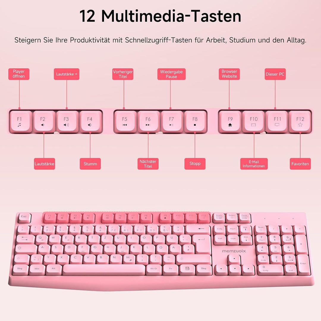 QWERTZ Kabelloses Tastatur Maus Set, Full Size 105-Tasten Tastatur mit Nummernblock, 2.4GHz Funk mit