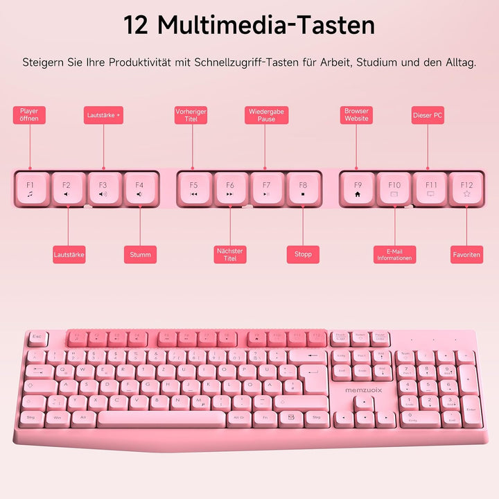QWERTZ Kabelloses Tastatur Maus Set, Full Size 105-Tasten Tastatur mit Nummernblock, 2.4GHz Funk mit