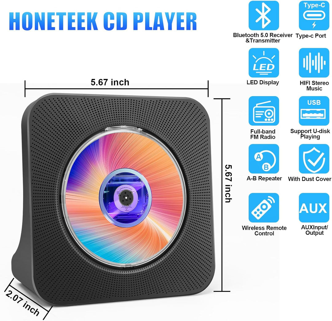 Tragbarer CD-Player für Zuhause mit Lautsprechern - Bluetooth Desktop CD-Player Eingebaute HiFi-Laut