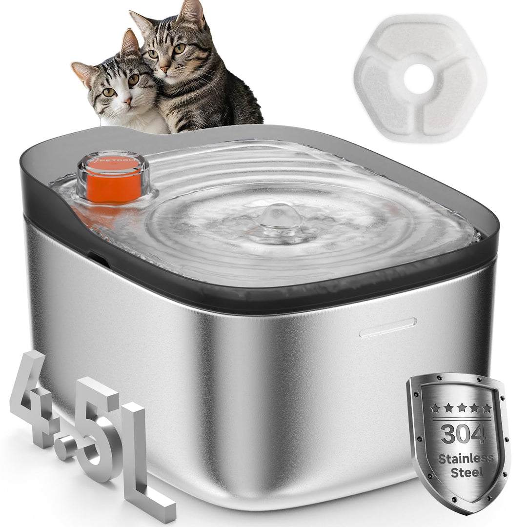 Katzenbrunnen Edelstahl, 4,5 L Trinkbrunnen für Katze, Wasserspender für Katze &amp; Hunde mit Innovativ