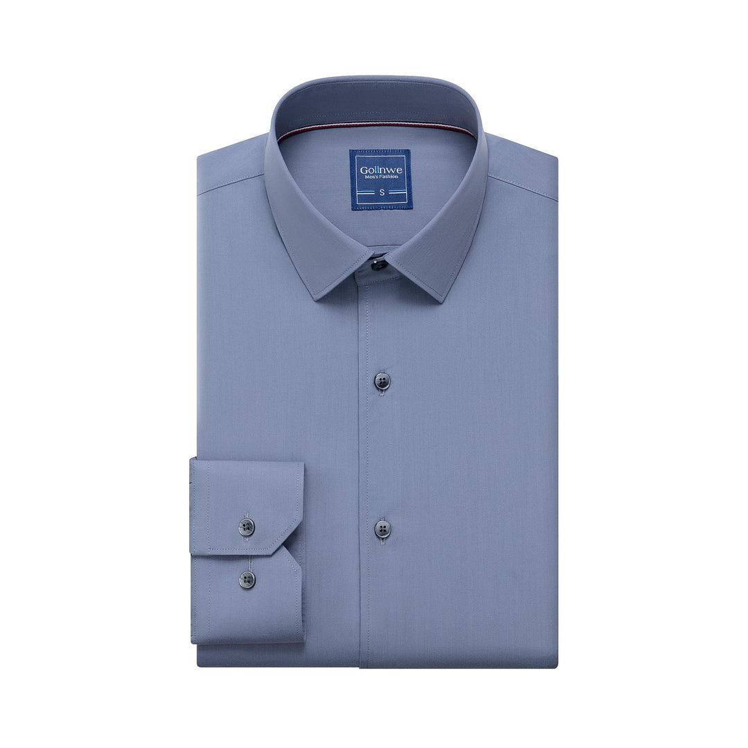 Gollnwe Herren Stretch Bambus Bügelfreies Kleid Shirt Langarm Einfarbig mit umwandelbarer Manschette