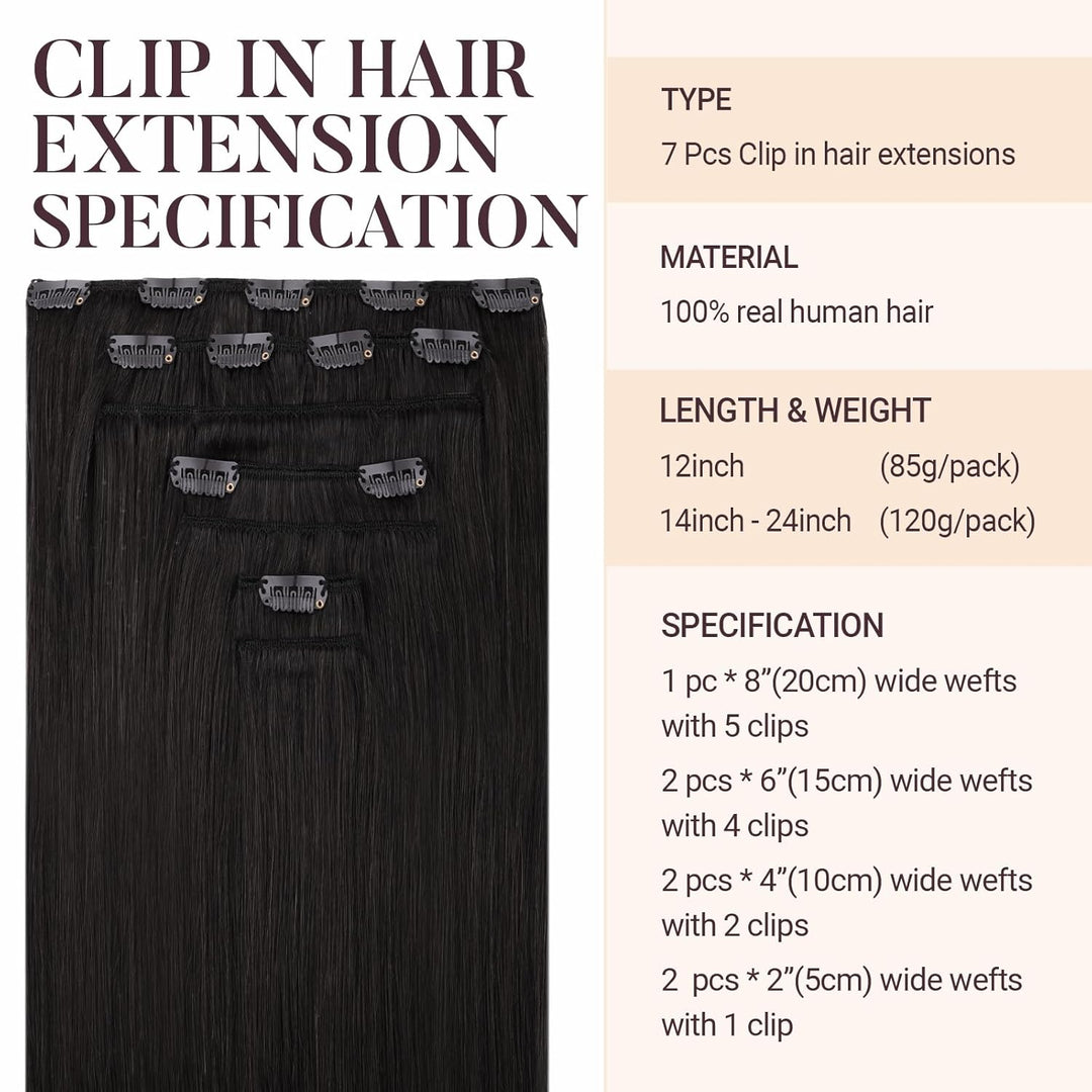 MAXITA Echthaar Extensions Clip, 40cm 16 Zoll 120g 7 Stück Naturschwarz Clip in Extensions Echthaar