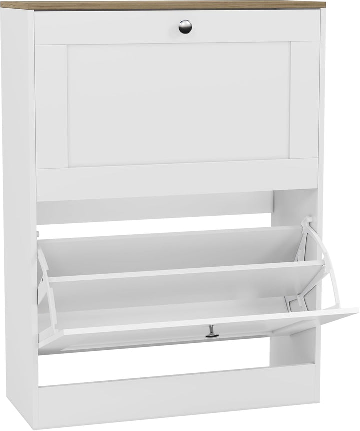 Vida Designs Schuhkipper mit 2 Klappen | 80 H x 58 B x 23.5 T cm | Weiss/Eiche | Platzsparender Schu