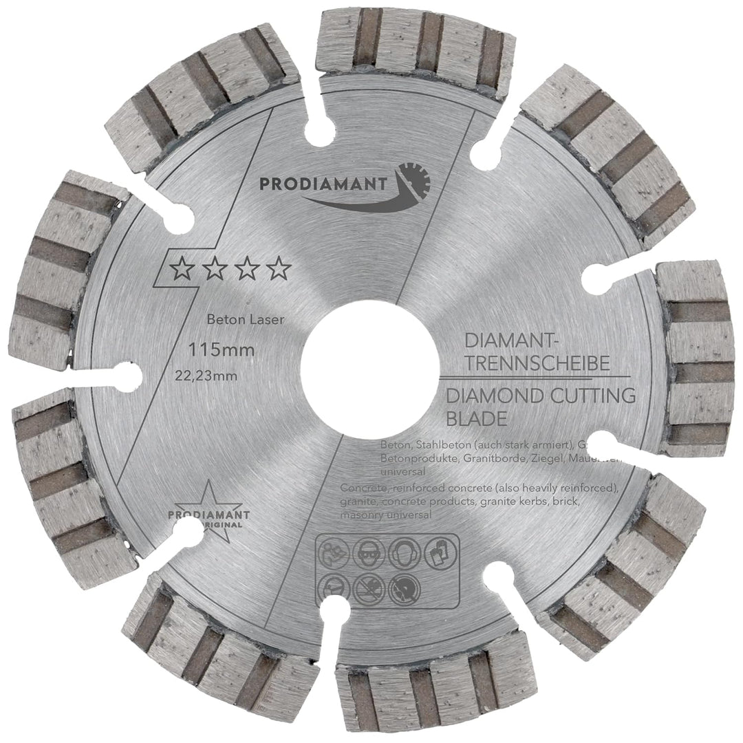 PRODIAMANT Laser Diamanttrennscheibe 115mm Beton Stahlbeton Stein und Ziegel Diamant Turbo-Segmente
