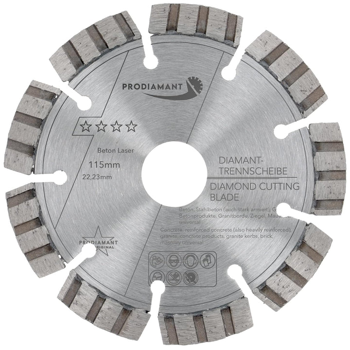 PRODIAMANT Laser Diamanttrennscheibe 115mm Beton Stahlbeton Stein und Ziegel Diamant Turbo-Segmente