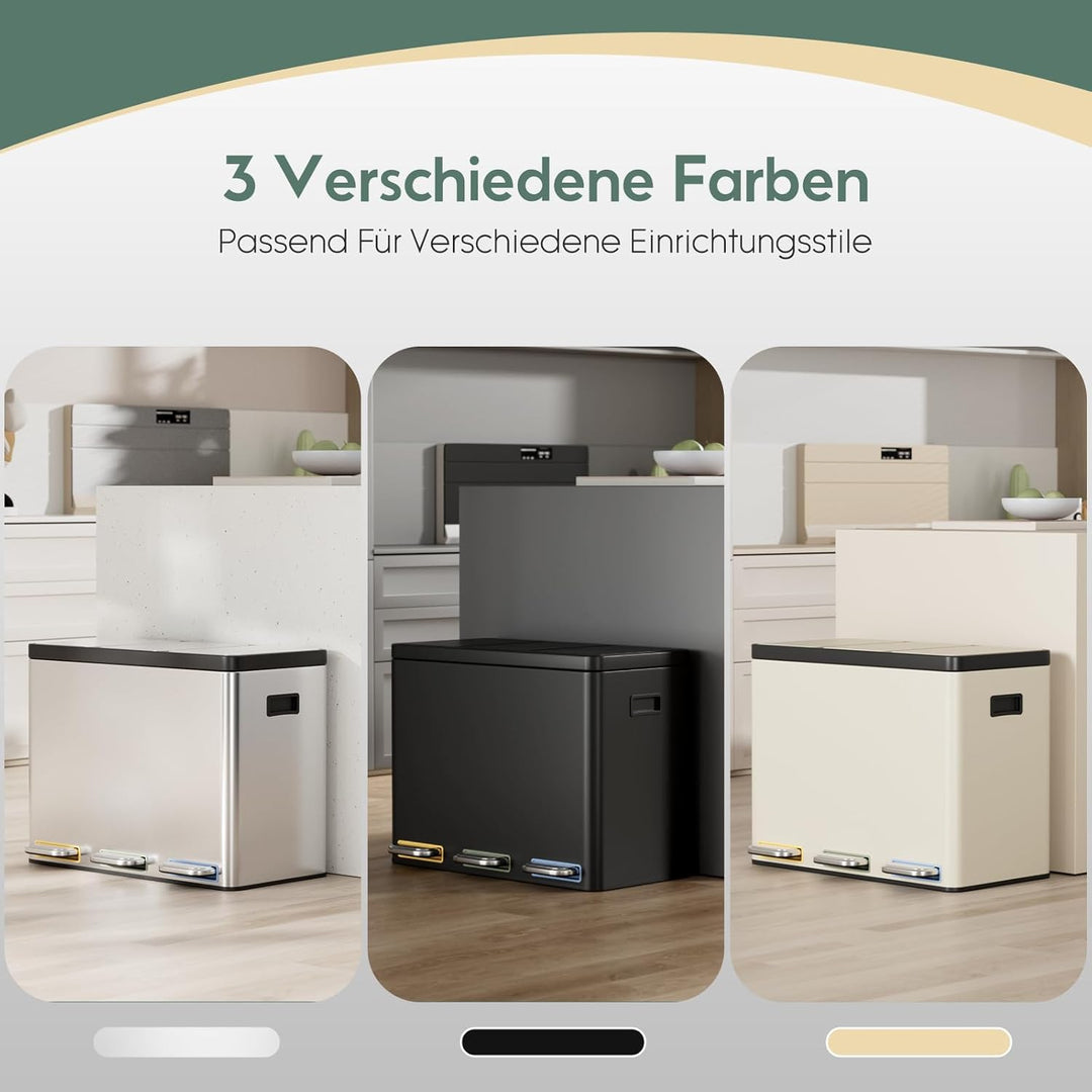 Clevich Mülltrennsystem 3×15L aus Stahl, Mülleimer 3 Fächer mit farbcodierten Pedalen, Abfalleimer m
