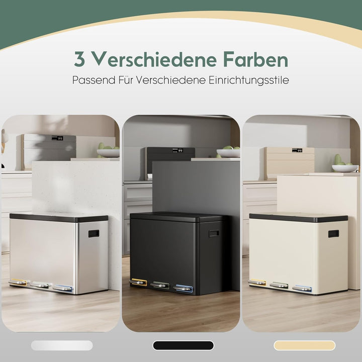 Clevich Mülltrennsystem 3×15L aus Stahl, Mülleimer 3 Fächer mit farbcodierten Pedalen, Abfalleimer m