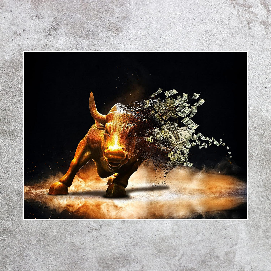 wandmotiv24 Poster als Wanddeko, Grösse 80x60cm, Goldener Stier, Dollar, Geldscheine, Geld, Tier, Mo