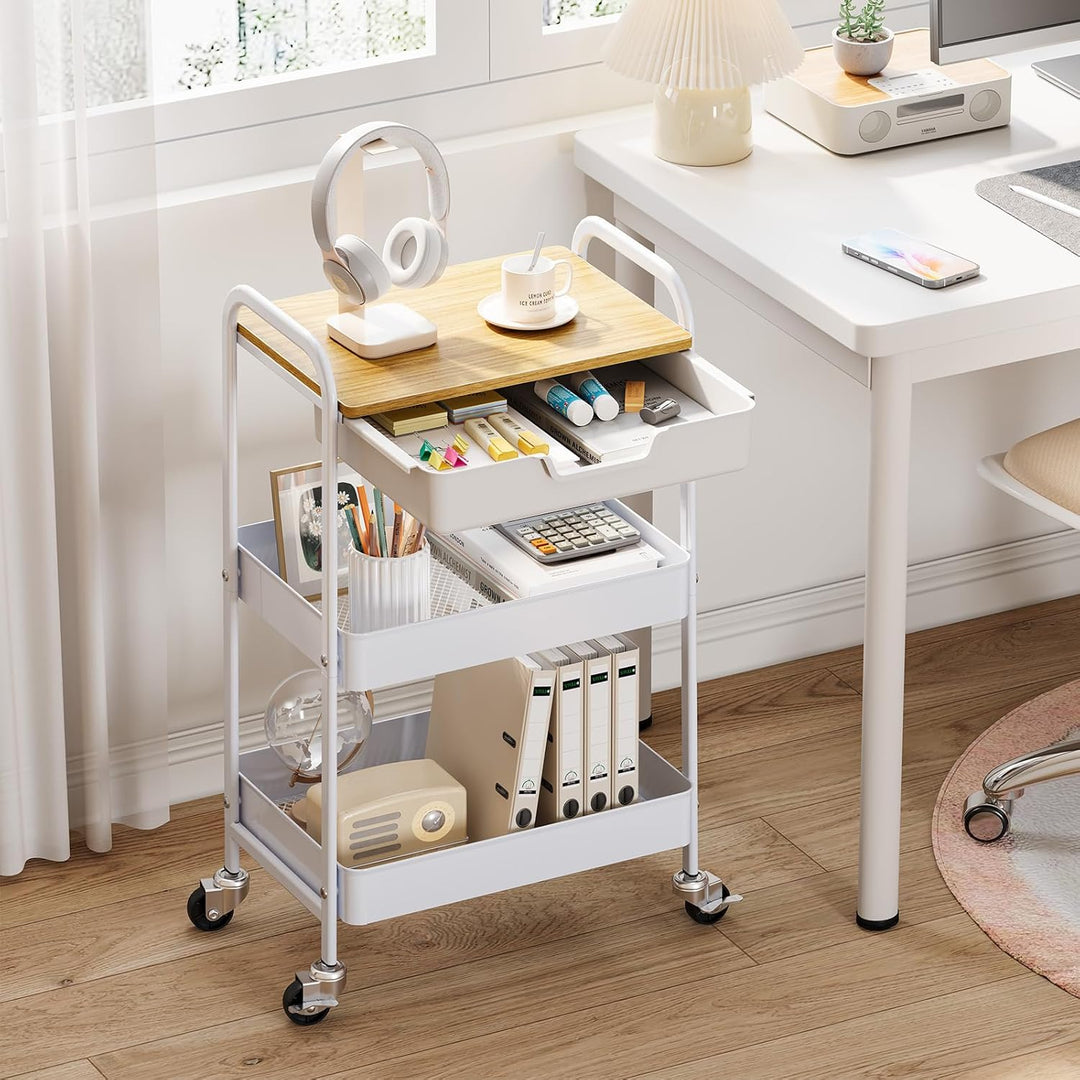 KINGRACK Aufbewahrungswagen 3-Ebenen mit Tischplatte, Multifunktionswagen aus Metall für Küche, Haus