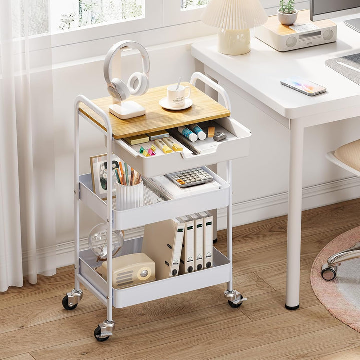 KINGRACK Aufbewahrungswagen 3-Ebenen mit Tischplatte, Multifunktionswagen aus Metall für Küche, Haus