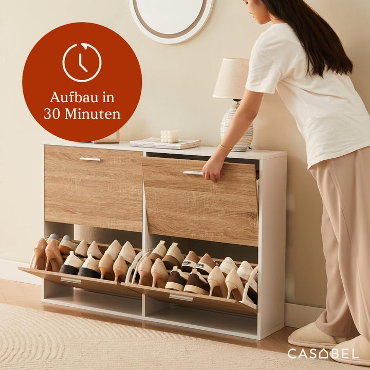 CASABEL Schuhschrank mit 4 Klappen – Schuhregal Holz & Weiss, Modernes Design, Grosse Kapazität für